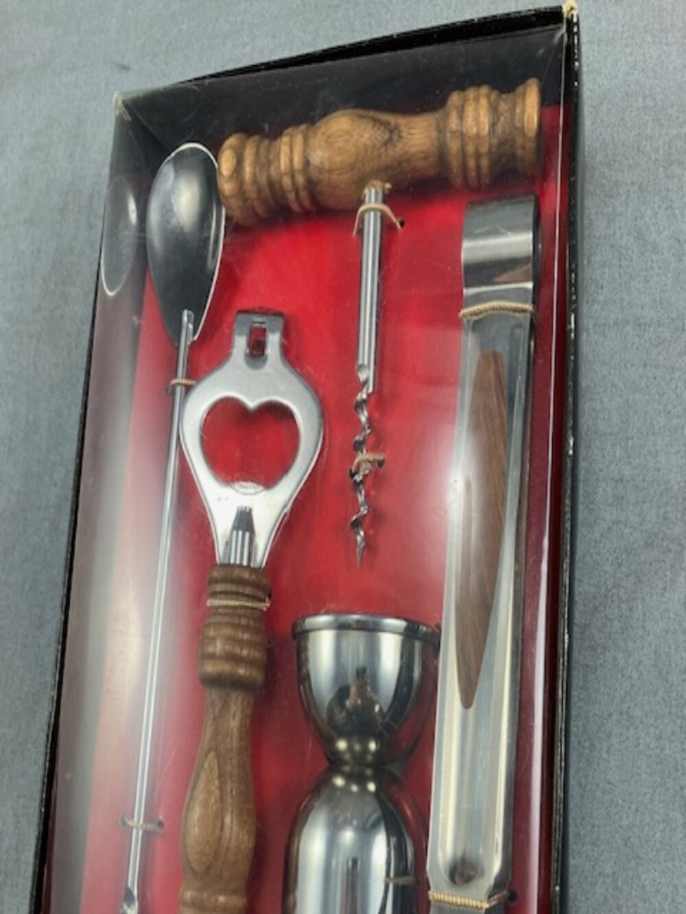 Vtg Bar Tool Wine Corkscrew Set with Wood Handle Made in Japan
